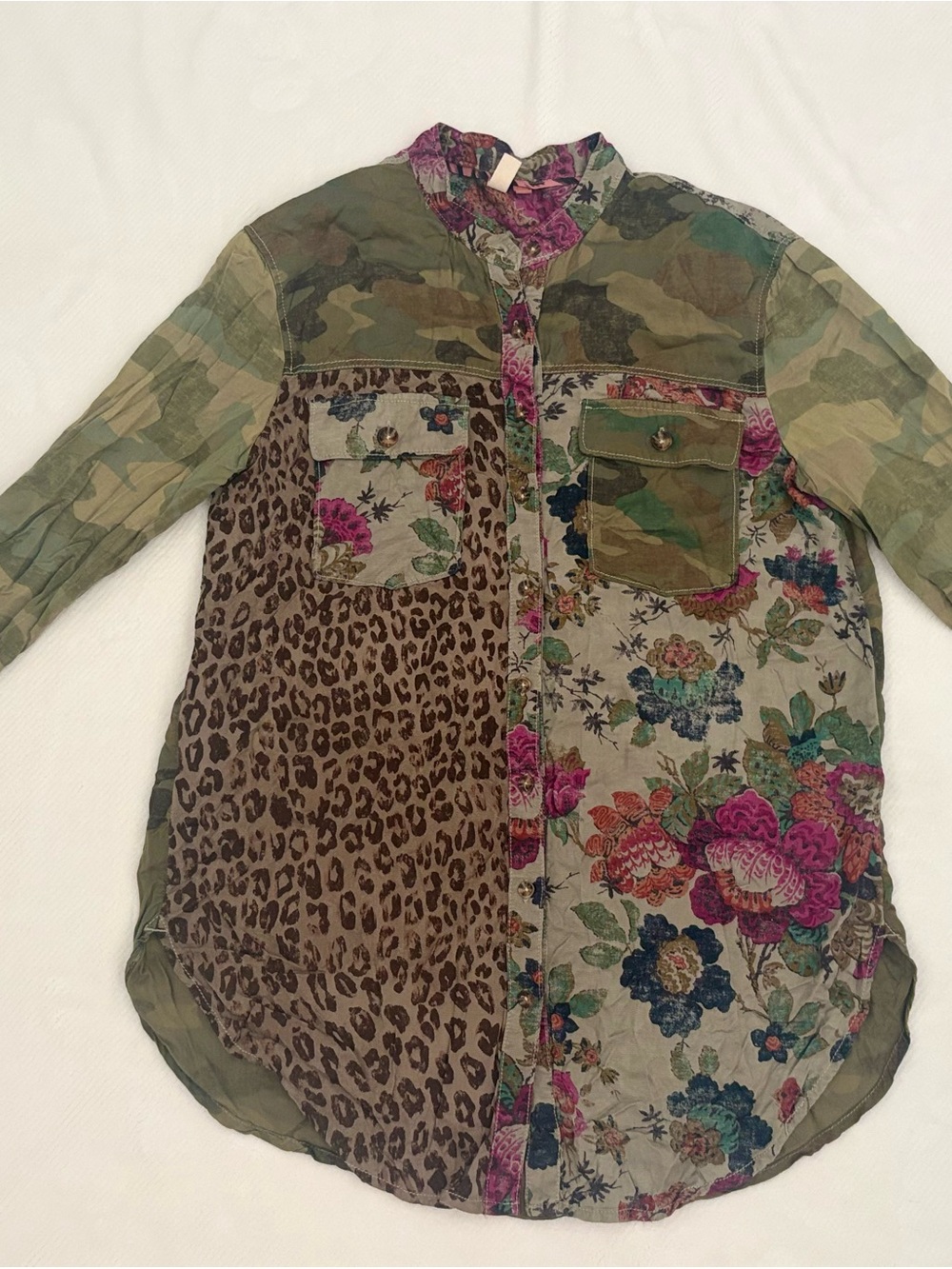 PILCRO ' Mixed-Print Long Sleeve Shirt - Olive Camo, Leopard & Floral
